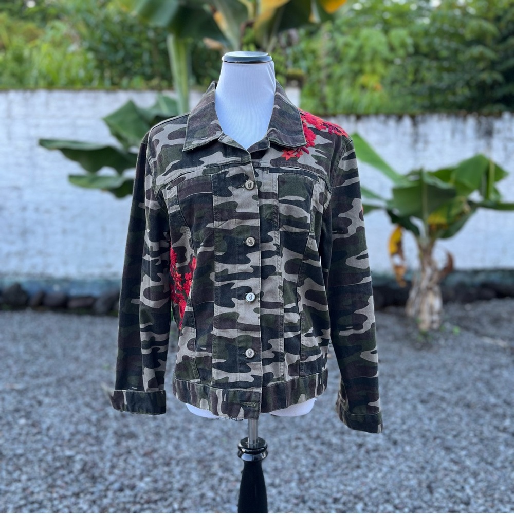 Anthropologie Camouflage Jacket w/ Red/Orange Floral Embroidery